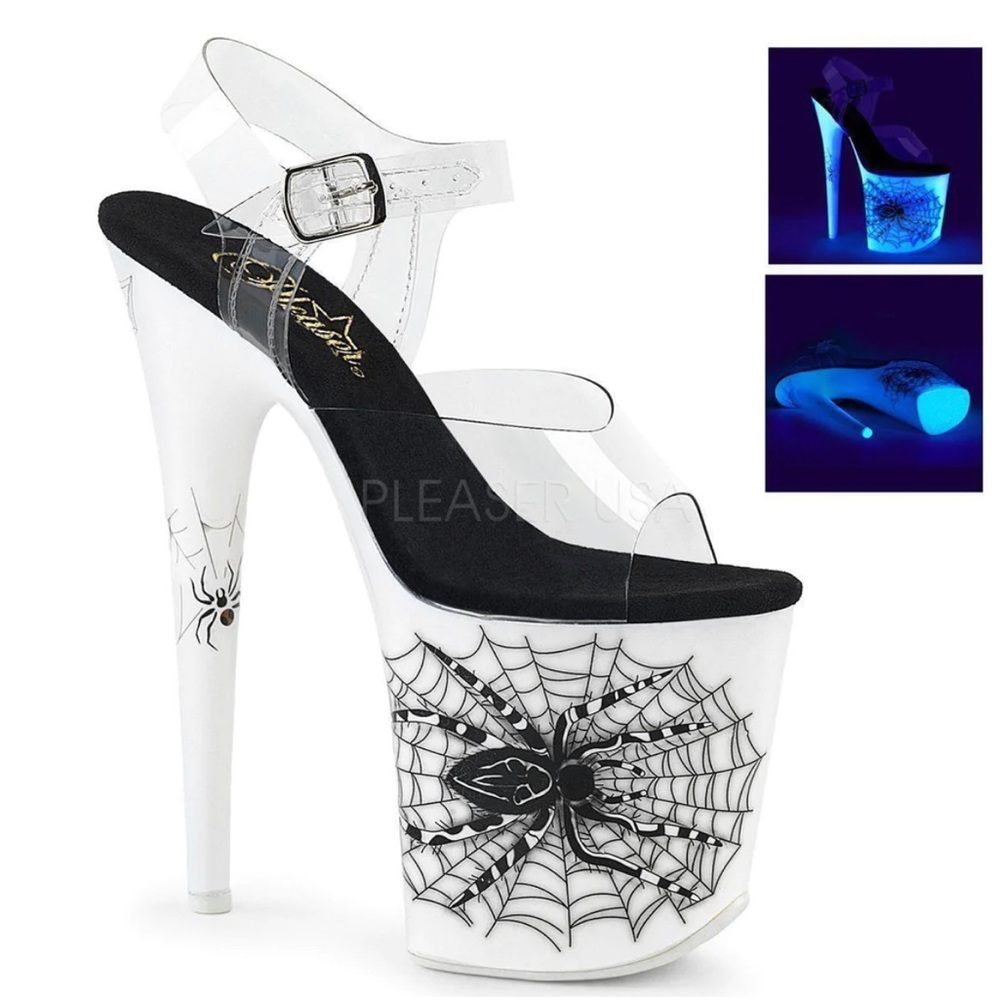 Pleaser FLAMINGO 8" Heel, Platform Ankle Strap Sandal Spider Black Widow NEW
